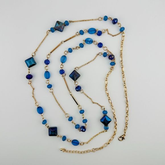 Blue Iridescent Plastic Beads Double Gold Tone Chain Necklace Vintage Style 36" - Picture 4 of 9
